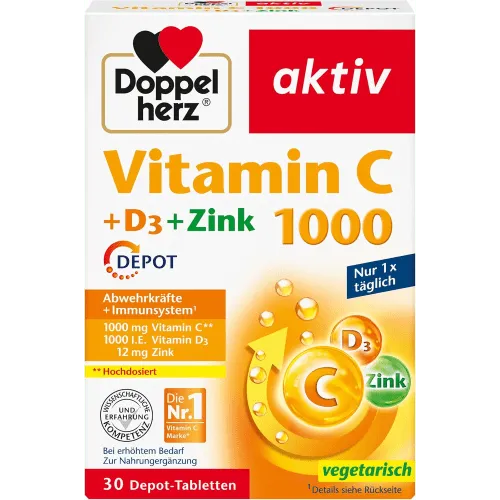 Doppelherz Vitamin C1000 + D3 + Zink Depot Tabletten - Nahrungsergänzungsmittel zur Unterstützung des Immunsystems, liefert 1000 mg Vitamin C und 800 I.E. Vitamin D3 für optimale Abwehrkräfte und gesunde Knochen.