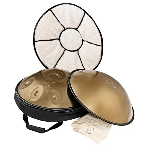 Sonic Energy Sensory Handpan Gold – D Kurd, 9 Töne - Steel Pan – Intuitiv spielbares Percussion Instrument aus Edelstahl für Meditation und Yoga, inkl. Zubehör für klangvolle Entspannung.