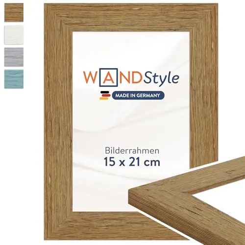 WANDStyle Bilderrahmen 15x21 Eiche, Landhausstil Bilderrahmen Holz, hochwertiger Holzbilderrahmen, Posterrahmen zum Aufhängen und Aufstellen, Rahmen 21x15 cm, Fotorahmen H750 - Made in Germany