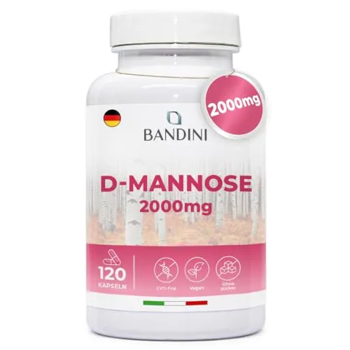Bandini® D-Mannose 2.000mg - Veganes Nahrungsergänzungsmittel aus Birke - Hochdosierte D-Mannose aus 100% natürlichen Quellen, ideal zur Unterstützung der Harnwege. 120 leicht zu schluckende Kapseln für über einen Monat. Vegan und ohne unerwünschte Zusatzstoffe.