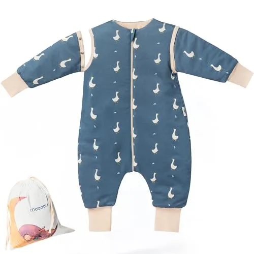 Mababu Ganzjahres Baby Schlafsack mit Füßen & abnehmbaren Ärmeln - 1.5 TOG - 100% GOTS Bio-Baumwolle - Ganzjähriger Kinderschlafsack mit Füßen- umklappbare Bündchen - Goose Dream, 90cm