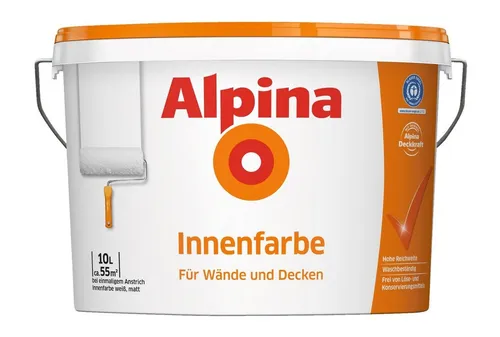 Alpina Wand- und Deckenfarbe Innenfarbe 10 Liter - Hochwertige matte Wandfarbe in strahlendem Weiß, ideal für kreative Raumgestaltungen. Perfekt für Wände und Decken, leicht zu verarbeiten und ergiebig.