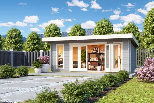 Gartenhaus Blockhaus Pultdach 44 mm Sussex 2 grau - Robustes Gartenhaus mit 19,71 m² Nutzfläche, abschließbar und inklusive Holz-Boden. Ideal für Gartenliebhaber und als zusätzlicher Stauraum.