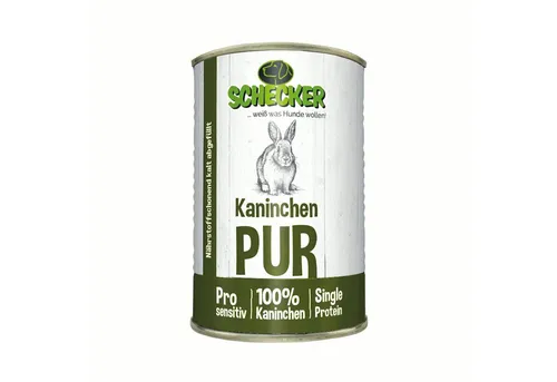 Schecker Nassfutter Kaninchen PUR - 410 g Dose für Hunde - Hundefutter - 100% Kaninchen, getreidefrei und ideal für empfindliche Hunde. Enthält wertvolle Innereien und echtes Knochengranulat für optimale Calciumversorgung.