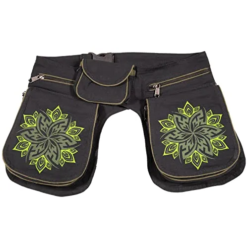 KUNST UND MAGIE Doppelte Bauchtasche Mandala - Schwarz/Grün - Praktische Bauchtasche mit 2 großen Fächern und zusätzlichem Magnetverschluss. Ideal für Festivals, Sport und Freizeit – so haben Sie alles Wichtige immer griffbereit und die Hände frei.