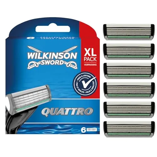 Wilkinson Sword Quattro Rasierklingen für Herren, 6 Stück - Die Wilkinson Quattro Rasierklingen bieten vier Klingen und einen Gleitstreifen für ein sanftes Rasurerlebnis. Ideal für eine gründliche und komfortable Rasur mit geprüfter Qualität.