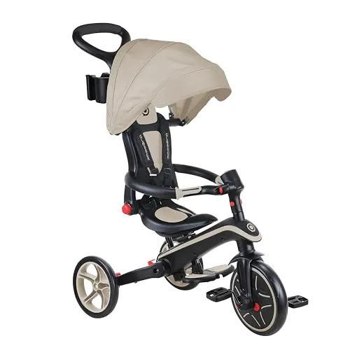 GLOBBER Explorer Trike Foldable 4in1 Beige – Vielseitiges Kinderfahrzeug - Dreirad, Laufrad und Kinderwagen in einem – mit UV-Sonnenschutz, höhenverstellbarem Sitz und sicherem 5-Punkt-Gurt. Ideal für Kinder von 10 Monaten bis 5 Jahren!