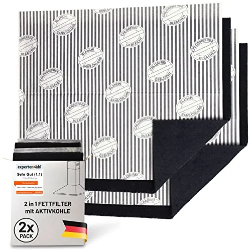 FilterBase® Aktivkohlefilter Dunstabzugshaube | 2er Pack - Dunstabzugshaubenfilter mit verbesserter Sättigungskapazität: Flachfilter + 5 mm Aktivkohlefilter für effektive Geruchs- und Fettneutralisation, individuell zuschneidbar und aus nachhaltigen Materialien.