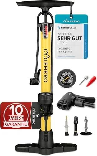 CYCLEHERO Fahrradpumpe für alle Ventile - Luftpumpen mit 10 Jahren Garantie, leistungsstark bis 160 PSI, komfortable Handhabung dank ergonomischem Griff und Standfuß für müheloses Pumpen.