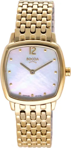 Elegante Damenuhr Boccia 3353-02 - Damenuhren mit goldfarbenem, eckigem Titangehäuse, kratzfestem Saphirglas und perlmuttfarbenem Zifferblatt – perfekt für Alltag und besondere Anlässe, leicht und hautverträglich.