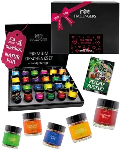 Hallingers Genuss Manufaktur Gewürze Geschenkset Muttertag – 24 Premium Gewürze aus aller Welt im Glas, edle Geschenkbox, Gewürz-Set "Danke Mama", Geschenkidee für Frauen Mütter, auch zu Weihnachten