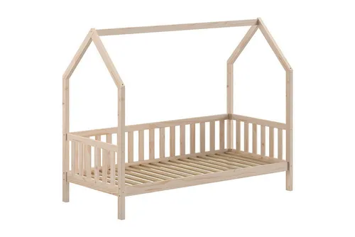 Hausbett Kandace 90x200 Kiefer massiv mit Dachaufbau - Modernes Hausbett in natürlicher Holzoptik, ideal für Kinder- und Jugendzimmer. Vielseitig nutzbar als Schlaf- und Spielbereich, inklusive stabilen Lattenrost und sicherer Umrandung.