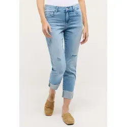 ANGELS 3/4-Hose DARLEEN CROP TU FRINGE blau 42/30 - Stylische 3/4-Hose für Damen, ideal für den Sommer. Die lockere Passform und der fransige Saum verleihen einen modernen Look. Perfekt kombinierbar für lässige Outfits! Material: 89% Baumwolle, 8% Polyester, 3% Elasthan.