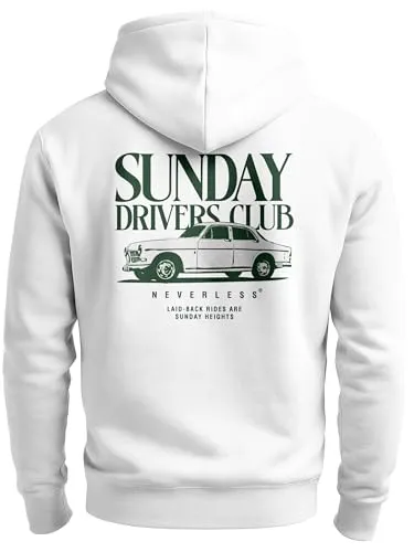 Neverless® Herren Hoodie Backprint Oldtimer Auto Sunday Driver Club Retro Style Weiss XL - Stylischer Hoodie mit nostalgischem „Sunday Drivers Club“-Print. Perfekt für Freizeit und Alltag, sorgt er für einen coolen Look und hohen Tragekomfort. Ideal als Geschenk für Männer, die Vintage-Mode lieben.