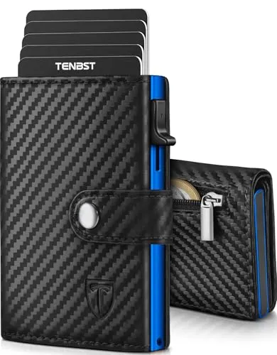 TENBST Geldbörse Herren, Slim Wallet Herren mit RFID & Münzfach, Wallets for Men, Hochwertige Geldbeutel, Kartenetui 8-Fach Portmonee, Geschenke zum Vatertag (Blue-Schwarz)