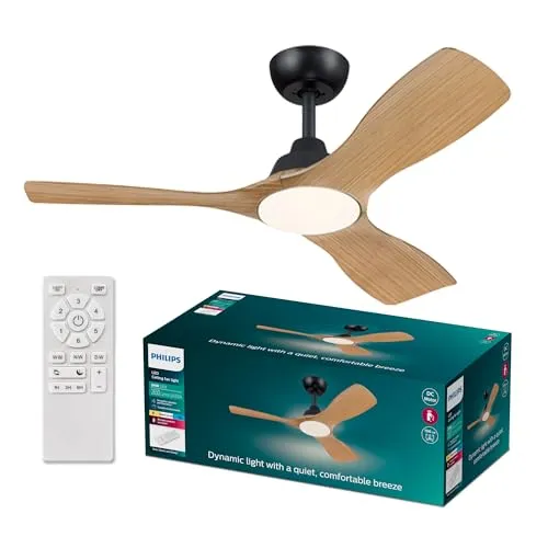 Philips Olas Deckenventilator 42" mit LED-Licht - Lampen und multifunktionaler Ventilator mit 3 Farbtemperaturen, dimmbar und fernbedienbar für ganzjährige Nutzung, flüsterleise mit nur 30 Dezibel.
