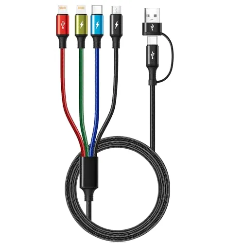 Minlu 4 in 2 USB Multi Ladekabel, Multi USB Kabel 3m, Geflochten Universal Ladekabel mit Lightning/Typ C/Micro USB Ports,USB Schnellladekabel für iPhone17/16/15/14/13/12/11/Xs/X/Galaxy/Android/Tablets