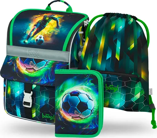 BAAGL Zippy Fußballspieler Schulranzen-Set 3tlg: Ergonomischer Schulranzen, Federmäppchen, Turnbeutel - Grün - Schulranzen Zippy Fußballspieler - Ergonomischer Schulranzen mit Flip-Open-System für einfachen Zugriff und verstellbarem Schiebe-Rücken-System, ideal für Kinder ab 1. Klasse.