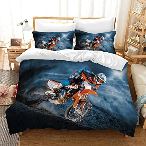 AVJWWD Motocross Bettwäsche Sets, 3D-gedrucktes Muster von Extremsport-Motorrad-Themen-Bettbezug mit 2 Kissenbezügen, für Erwachsene und Kinder (200 x 200 cm, Moto3)