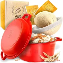 KRUSTENZAUBER Gusseisen Topf - 26cm Brot Backen Set inkl. Gärkorb, für perfekte Kruste und frischen Brotduft zuhause