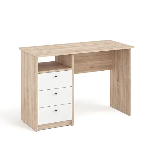 KOMTO Schreibtisch PC Regal 110x50 cm in Sonoma/Weiß - Moderner Schreibtisch mit Schubladen, ideal für effizientes Arbeiten. Kompakt und stilvoll, passt perfekt in jedes Home Office. Maße: 110 x 50 x 74 cm, langlebige Materialien.