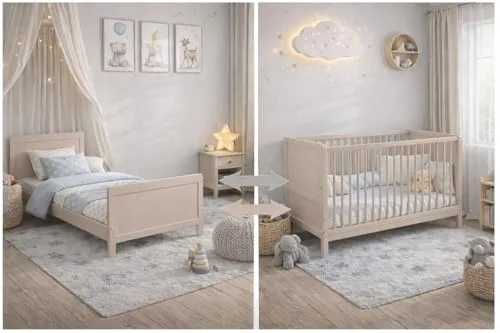 Baby Bliss Kinderbett NELLY 120x60 cm - Mitwachsendes Holzbett in Natur/Weiß - Das Kinderbett NELLY aus Buche ist ideal für jedes Kinderzimmer. Höhenverstellbarer Lattenrost und umwandelbar in eine Liege bieten optimale Flexibilität. Sicher und langlebig mit abgerundeten Kanten.