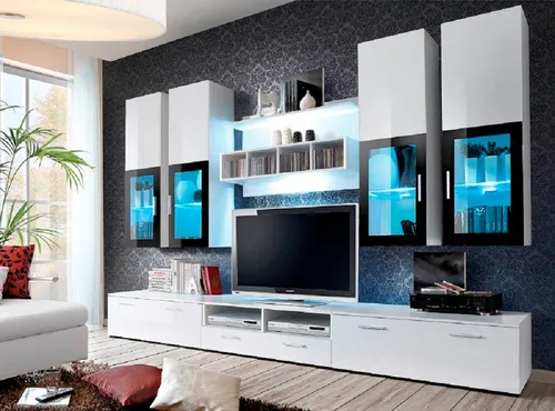 ASM-Moebel Wohnwand LYRA mit Hochglanzfronten und LED-Beleuchtung - Moderne Wohnwand mit Hochglanzfronten und integrierter LED-Beleuchtung, inklusive Hängevitrinen und TV-Tisch, ideal für stilvolle Wohnräume.