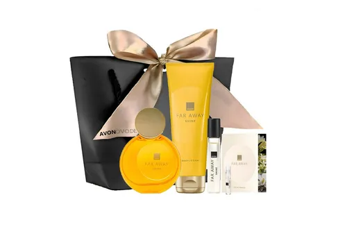 AVON Cosmetics Eau de Parfum FAR AWAY SHINE 50ml, Bodylotion 125ml, Taschenspray 10ml Geschenkset, 5-tlg., Langanhaltende Duftwirkung, Orientalisch-gourmandige Duftkomposition