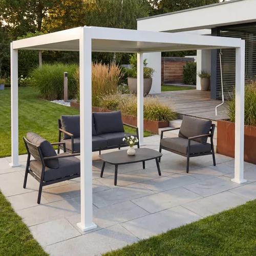 Pergola HWC-P65, 3x3m Terrassenüberdachung mit Lamellendach - Stabile Pergola mit drehbarem Lamellendach für individuellen Schatten. Ideal für Garten und Terrasse, sturmfest bis 74,5 km/h. Genießen Sie entspannte Stunden im Freien, geschützt vor Sonne und Regen.