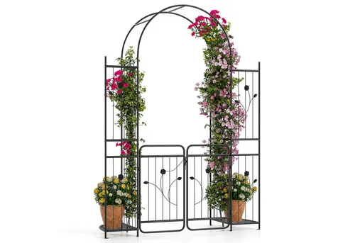 COSTWAY Rosenbogen mit Tür und Ablagen – Stabiler Metallgartenbogen für Kletterpflanzen - Vielseitiger Gartenbogen mit 2 praktischen Ablagen für Blumentöpfe und stabilen Spalieren. Ideal zur Schaffung eines eleganten Eingangs oder vertikalen Gartens. Perfekt für Hochzeiten und besondere Anlässe.