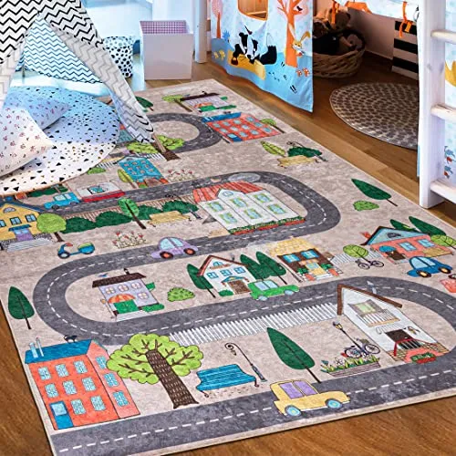 Mazovia Kinderzimmerteppich Antirutsch - Waschbar & Rutschfest - Spielteppich Straße Stadt - Beige Creme Bunt 80 x 150 cm - Entdecken Sie den Mazovia Kinderzimmerteppich mit rutschfester Unterseite und waschmaschinenfestem Design. Ideal für ein sicheres Spielumfeld und einfache Pflege – perfekt für jedes Kinderzimmer!