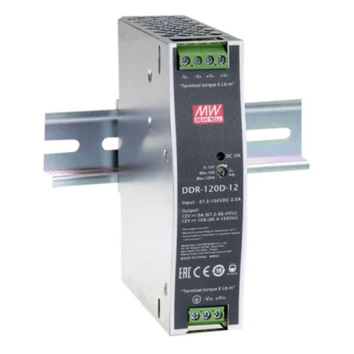 MEANWELL DDR-120C-12 DC-DC Wandler - Schaltnetzteil für DIN-Schienen, wandelt 33,6-67,2V auf 12V mit 10A, ideal für industrielle Anwendungen.