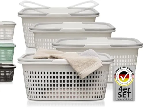 Hausfelder Wäschekorb mit Henkel 4er Set – Stapelbare Kunststoffkörbe 35L - Praktisches 4er Set Wäschekörbe aus BPA-freiem Kunststoff mit klappbaren Tragegriffen. Ideal zum Sortieren von Wäsche, robust und platzsparend stapelbar. Perfekt für kleine Räume!