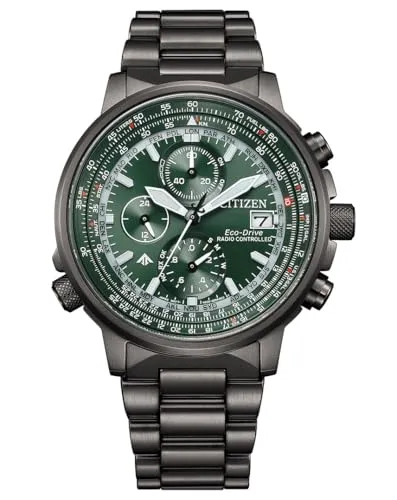Citizen Chronograph 'Promaster Sky' Herren Uhr AT8304-57W - Elegante Herren Chronograph Uhr mit Eco-Drive Technologie, grünem Ziffernblatt und Edelstahlgehäuse. Wasserdicht bis 20 bar, ideal für aktive Männer. Präzise Funkuhr mit umfangreichen Funktionen.