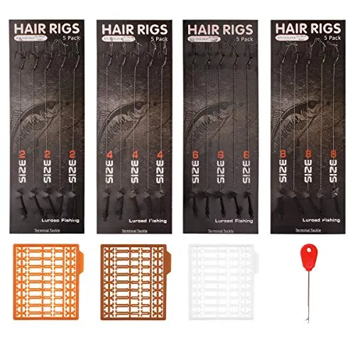 Luroad Karpfenangeln Haar-Rigs, 20-teilig Gebogen Haken Widerhaken, Geflochtener Angelhaken Zubehör Mit Boilie Rig Vorfach, 3 Boilie-Stoppers, Größe 2 4 6 8