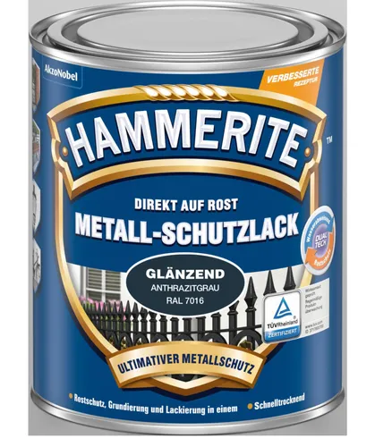 Hammerite Metallschutzlack Glänzend, Anthrazitgrau, 250ml - Metallfarben, 3in1 Schutz direkt auf Rost, hochgradig witterungs- und UV-beständig für langanhaltenden Rostschutz.