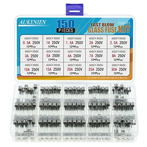 AUKENIEN 150 Stück 0,5A 1A 1,5A 2A 2,5A 3A 5A 6A 7A 8A 10A 15A 20A 25A 30A 250V Sicherungen 6,3x32 6x30 MM Glas Sicherung Glassicherung Glasrohrsicherung Feinsicherung Schnelle Schlag Glasrohr Kit