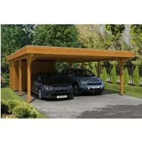 Skan Holz Doppelcarport Spessart 611 cm x 846 cm mit Abstellraum - Robuster Doppelcarport aus lasiertem Leimholz im hellen Eichenstil, ideal für zwei Fahrzeuge. Mit stabilen 12 cm x 12 cm Pfosten und langlebiger Aluminium-Dachkonstruktion für optimalen Schutz und Langlebigkeit.