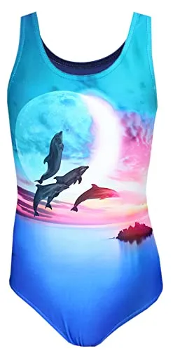 Aquarti Mädchen Badeanzug mit Ringerrücken - Delfine Print blau/rosa 152 - Kinder-Bademode mit stylischem Delfin-Design, ideal für den Sommer. Bequem und langlebig durch hochwertige Materialzusammensetzung.