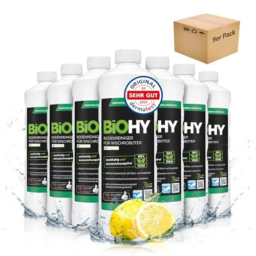 BiOHY Bodenreiniger für Wischroboter (9 x 1 Liter) | Reinigungsmittel Konzentrat für alle Wisch & Saugroboter mit Nass-Funktion | Schaumarm & Streifenfrei | Für alle Böden