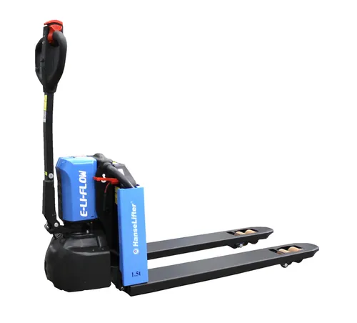 HanseLifter E-Li-FLOW-02 Hubwagen 1500kg - Elektrischer Gabelhubwagen mit 1500kg Tragkraft, ideal für enge Räume. Kompakt, wendig und einfach aufladbar an jeder Steckdose. Lieferung inkl. Li-Ion-Batterie und externem Ladegerät.