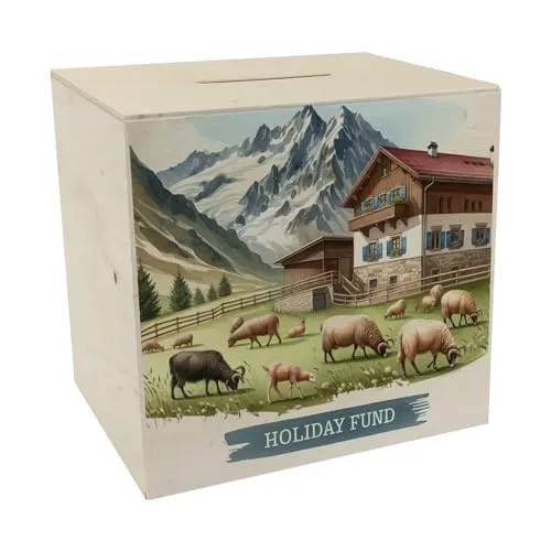 Urlaub auf dem Bauernhof Urlaubskasse Spardose aus Holz mit Spruch Holiday Fund für den Abenteuerurlaub in den Alpen mit Tieren auf der Weide und Landschaft rund ums Bauernhaus