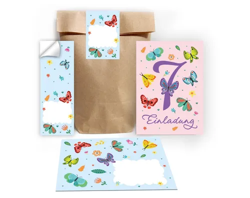 JUNAPACK Einladungskarten Schmetterling zum 7. Geburtstag Einladungen mit Umschlägen Mitgebsel, Mitbringsel Set Schmetterlinge zum siebten Geburtstag Gastgeschenke