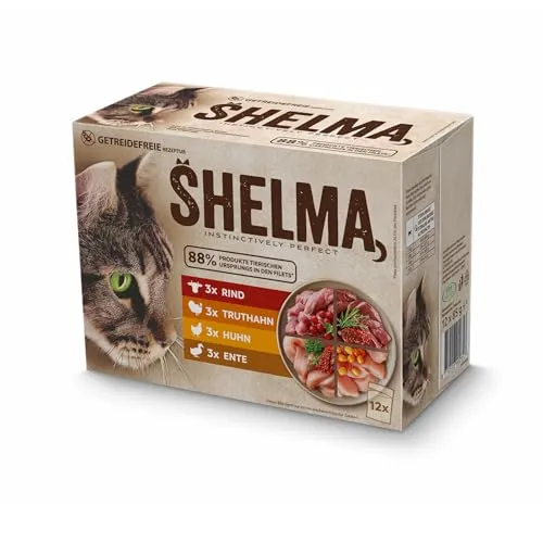 Shelma Katzen-Nassfutter Fleisch Multipack mit den Sorten Rind, Truthahn, Huhn und Ente – Getreidefreies Alleinfuttermittel mit hohem Fleischanteil – 12 x 85 g (1,02 kg)