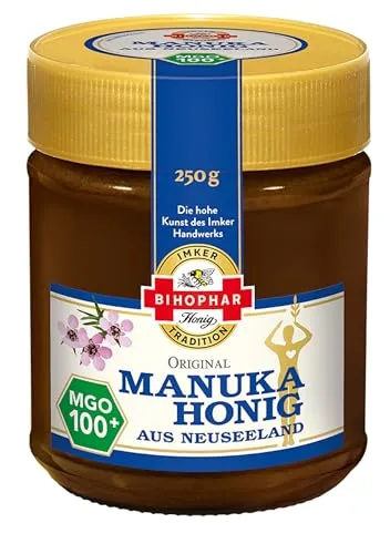 BIHOPHAR Manuka-Honig MGO 100+, 250g - Exquisiter Manuka-Honig aus Neuseeland, gewonnen aus dem Nektar der Südseemyrte. Ideal für besondere Genussmomente und vielseitig einsetzbar in der Küche.