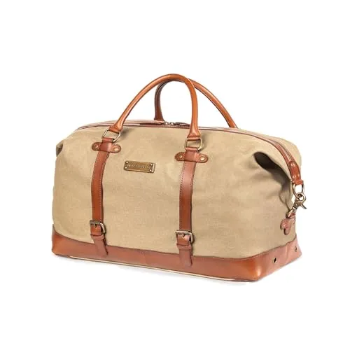 DRAKENSBERG Weekender 'Owen' - Erweiterbare Canvas Reisetasche mit Leder, 40L - Khaki-Beige - Hochwertige Reisetasche aus 100% Baumwolle und echtem Buffleder. Handgefertigt mit vielen praktischen Details und robustem Design, ideal für Reisen und den Alltag.