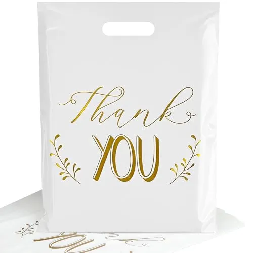 Stück Einkaufstaschen Plastik 38 x 30cm, Haltbar Weiß Thank You Plastik-Beutel Tüten, Geschenktaschen zum Verpacken Einkaufen, Einzelhandel Tragetaschen für Imbiss Kiosk Laden Markt 100
