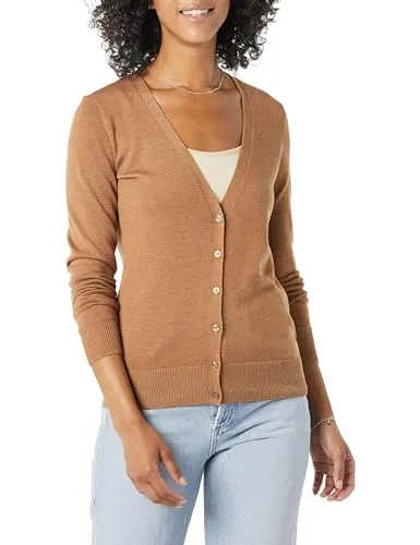 Amazon Essentials Damen Leichter Cardigan-Pulli, Kamelbraun Meliert, M