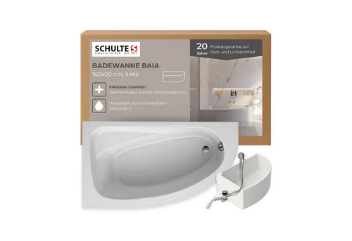 Schulte Badewanne Baia 160x90 cm, asymmetrisch, Komplett-Set - Elegante Schulte Badewanne Baia in asymmetrischer Form aus widerstandsfähigem Sanitäracryl. Inklusive Wannenträger und Ablauf für einfache Installation. Ideal für modernes Badezimmerdesign.