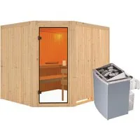 Karibu Sauna Horna mit 9 kW Ofen und Glastür - Genießen Sie die wohlige Wärme der Karibu Sauna Horna mit 9 kW Saunaofen und integrierter Steuerung. Energiesparende Konstruktion und hochwertiges Espenholz für ein angenehmes Saunieren. Schnelle Montage dank vorgefertigter Elemente.